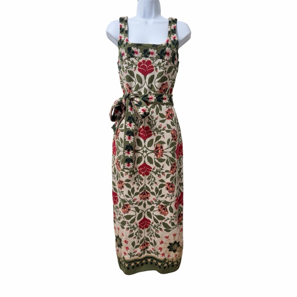 Farm Rio Sand Garden Tapestry Knit Belted Midi Dress Size S Floral Tropical
